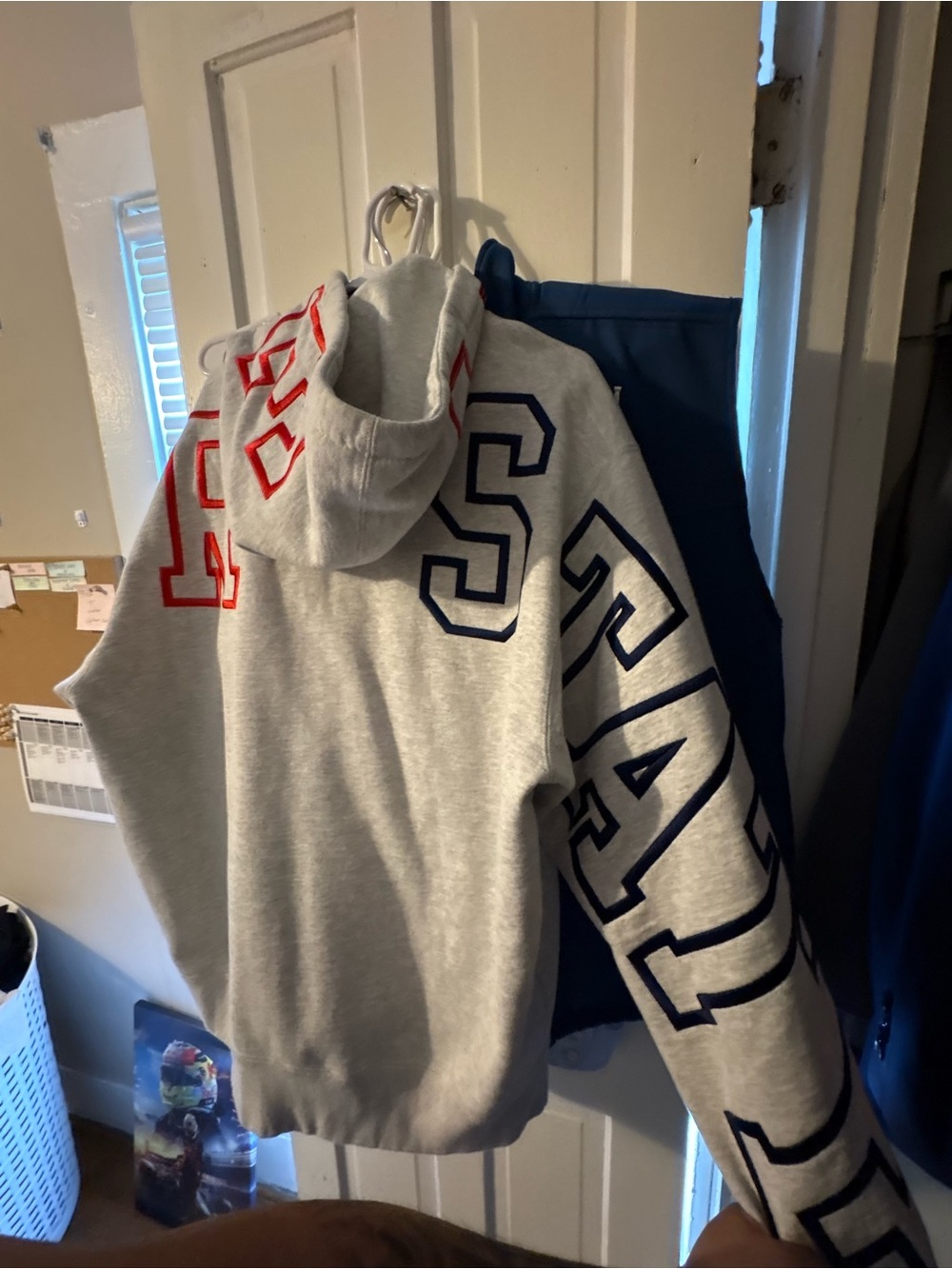 Supreme Gray Hoodie with Red and Navy Lettering